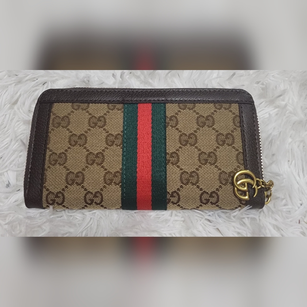 Beige and Brown zip Wallet with Red and Green Stripe - Picture 3 of 8